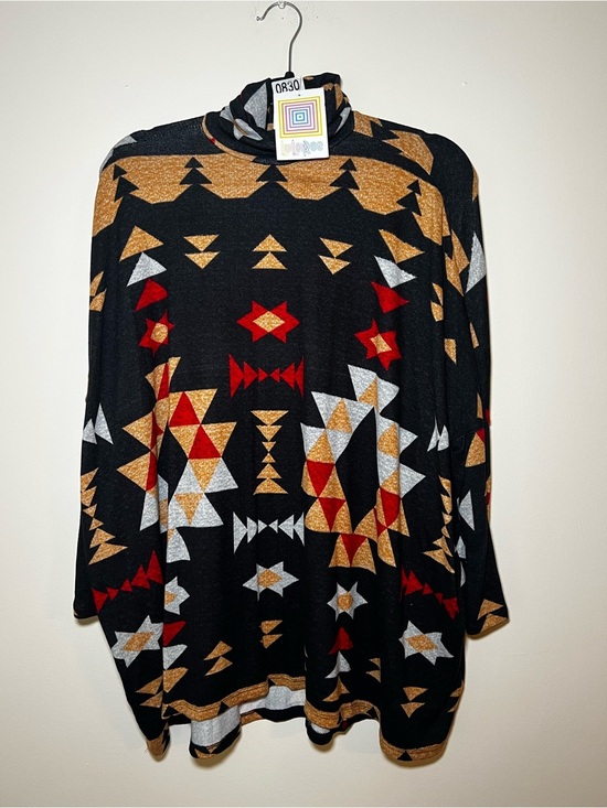 LuLaRoe Sweaters - LuLaRoe Black Turtleneck Sweater with “Gold”, Red, and Silver Geometric Print